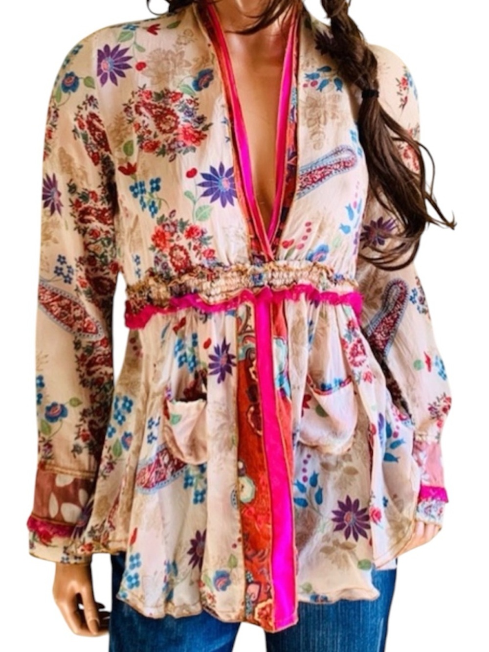 Johnny Was Floral V-Neck Ruffle Lace Babydoll Silky Blouse Large